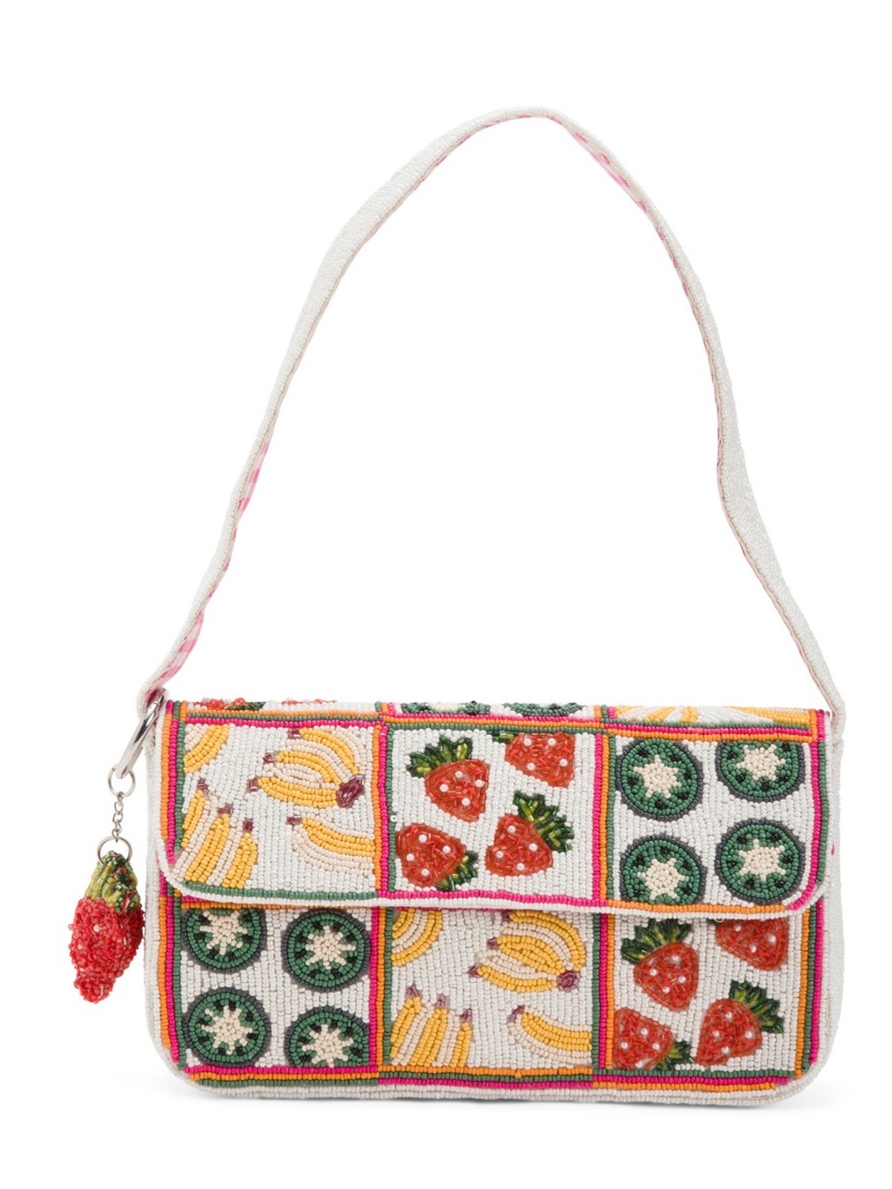Beaded Fruit Patchwork Shoulder Bag - White/Pink